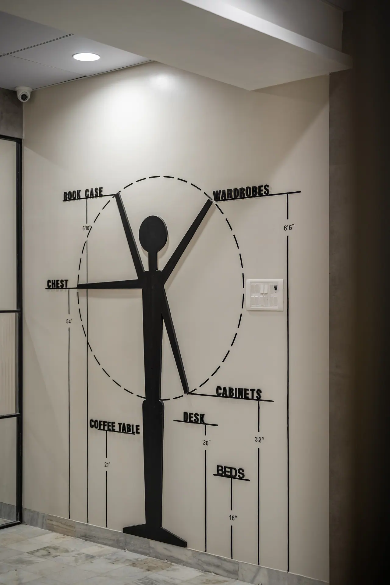 Black stick-figure wall graphic marking standard heights for furniture such as wardrobes, desks, beds and cabinets