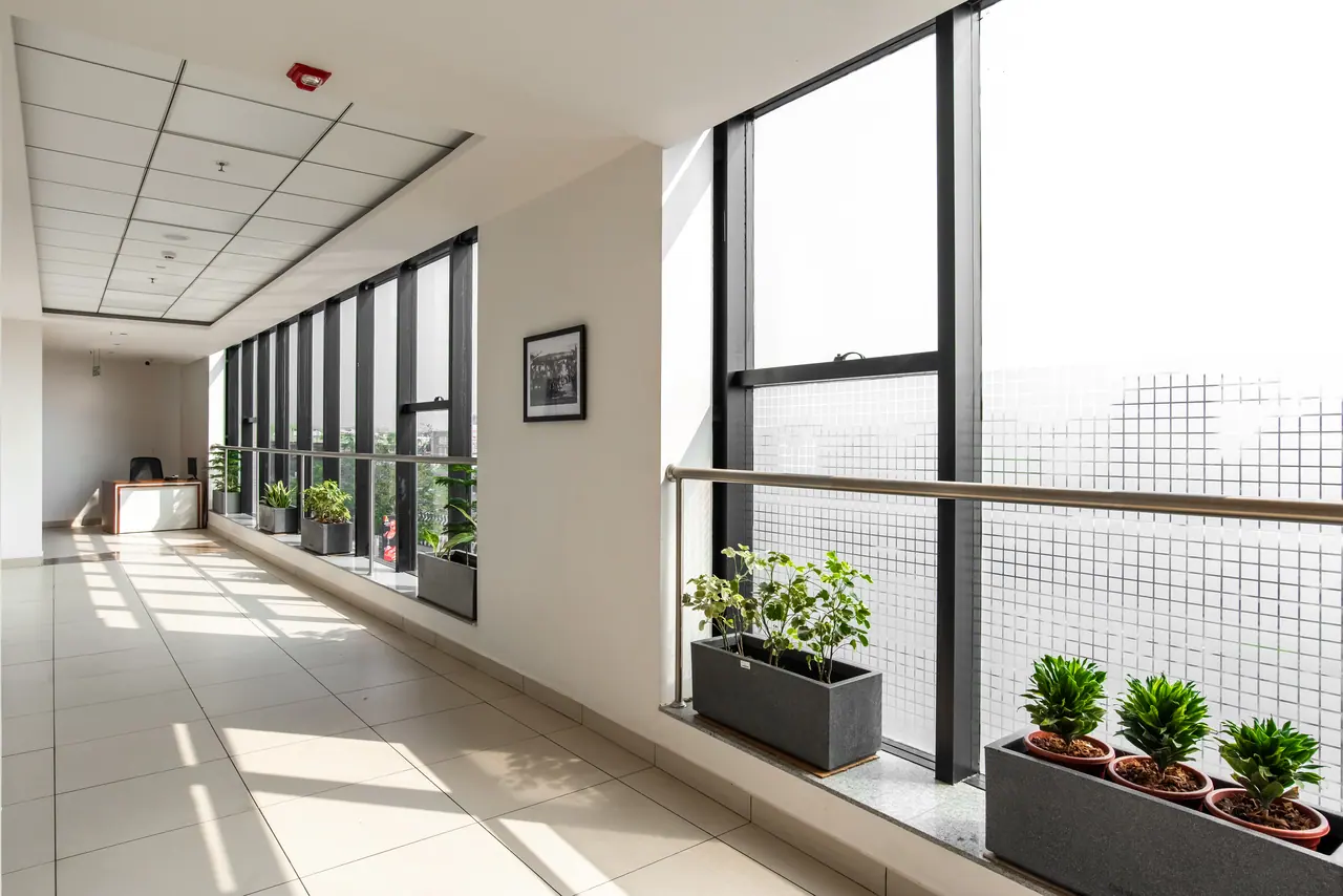 Sunlit corridor lined with black-framed glazing, planters along the sills and light falling across cream floor tiles