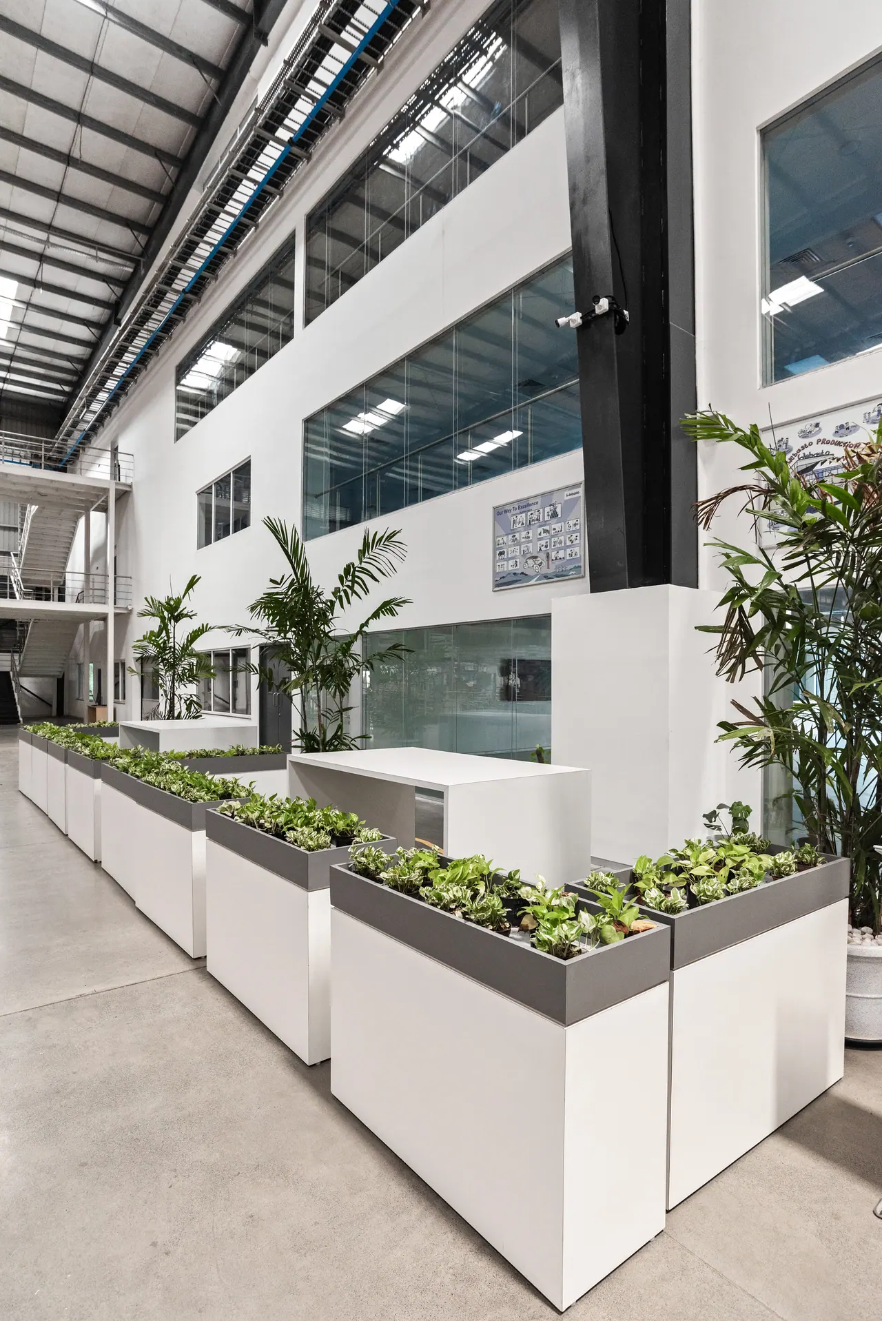 Tall atrium with white planter boxes, potted palms, glazed upper-floor offices and a steel roof overhead