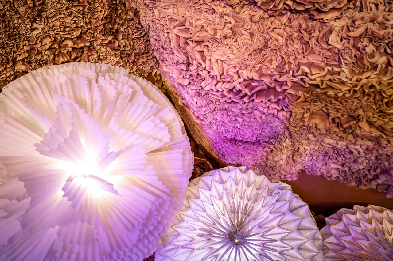 Close-up of a glowing pleated paper lamp and folded paper shades against a ruffled textured wall washed in pink light